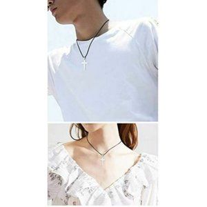 Stainless Steel Silver Cross Pendant Necklace Black Wax Leather C…